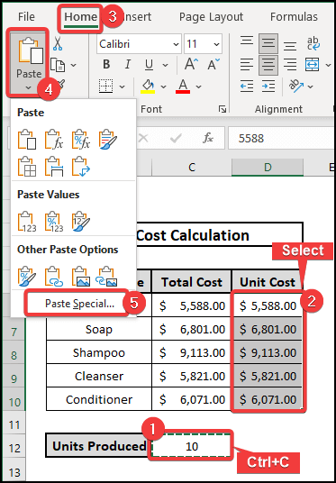 Applying paste special feature to divide a group of cells by a number in excel