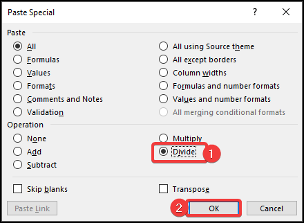 Selecting Divide option from Paste special box 