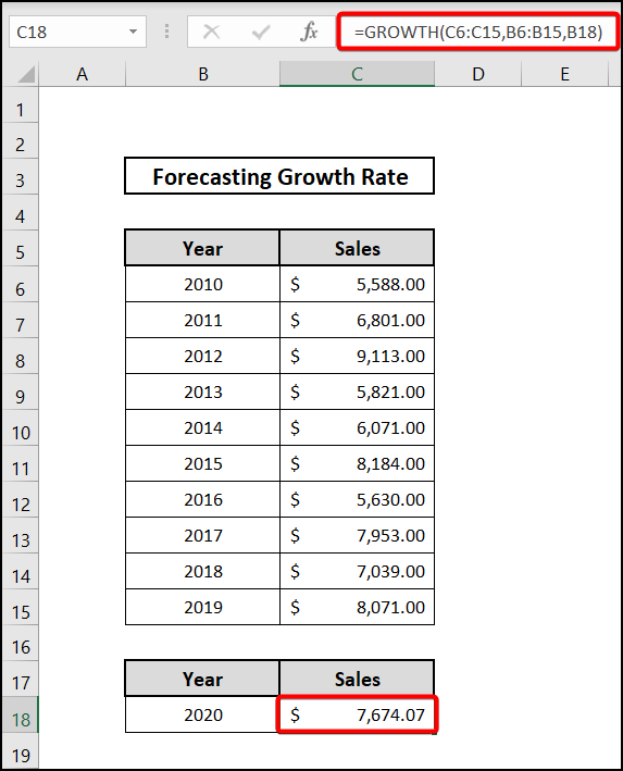 Applying GROWTH function to forecast growth rate in Excel
