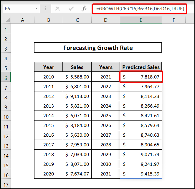 Using GROWTH function to forecast growth rate of annual sales in Excel