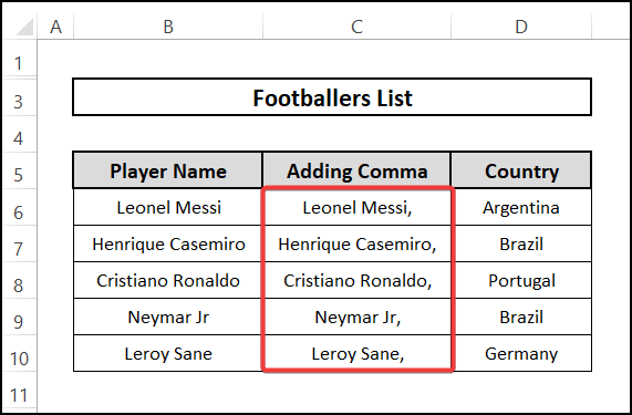 Insert Comma in Excel for Multiple Rows