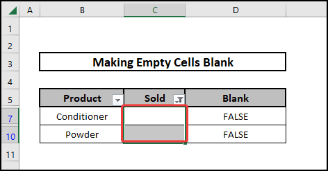 Selecting the filtered empty cells to make them blank