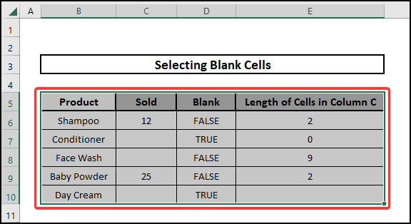 Selecting the whole table to select the blank cells