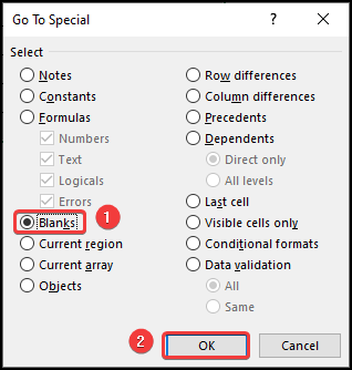 Go to Special window to select the blank cells