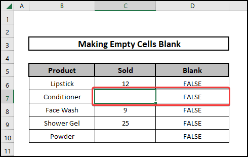 selecting a cell to make it blank