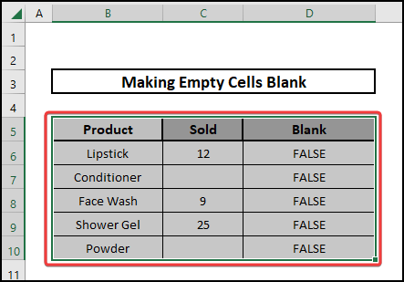Selecting the whole table to make the cells blank