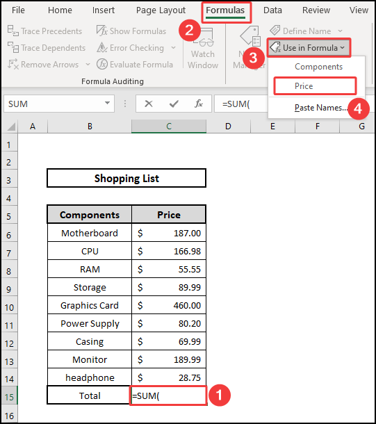 Pasting range names from use in formula list 