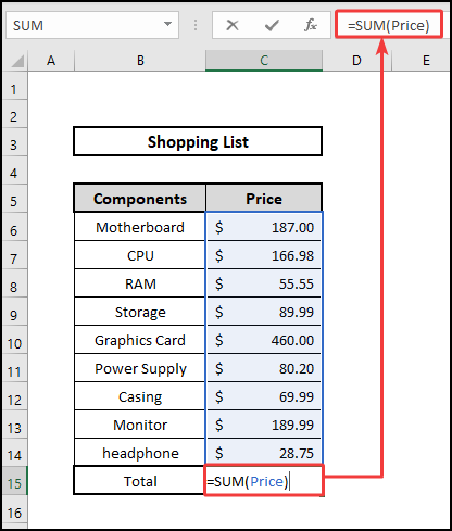 pasting price from use in formula list