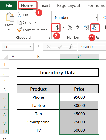 Selecting currency feature from Home tab