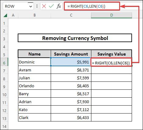 RIGHT and LEN function to remove currency symbol