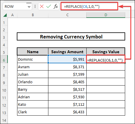 REPLACE function to remove currency symbol