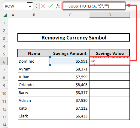 SUBSTITUTE function to remove currency symbol