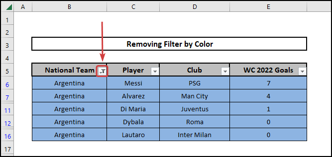 Finding the filter icon in the table