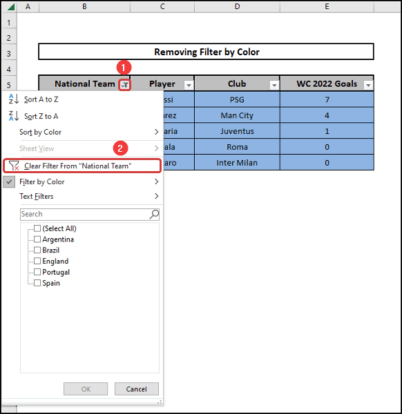 how to remove filter by color in excel using dropdown button