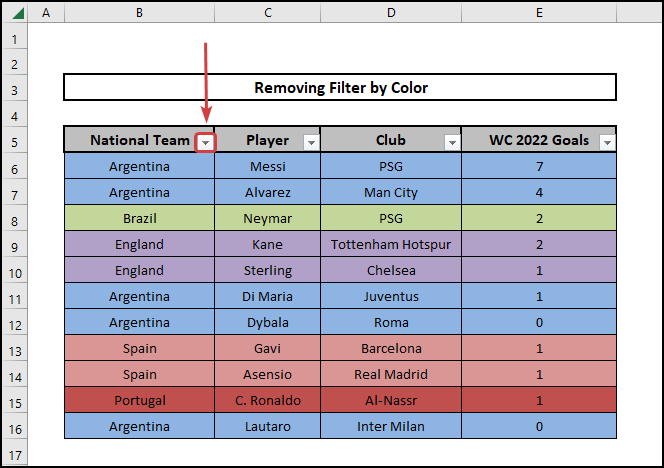 how to remove filter by color in excel results