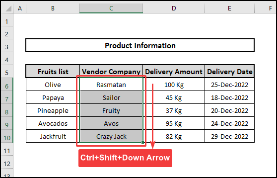 Ctrl+Shift+Down Arrow key to select cells using Keyboard shortcuts