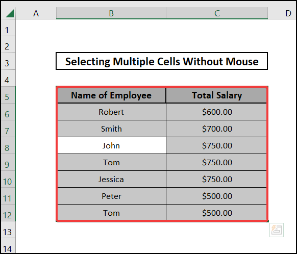 how to select multiple cells in excel without mouse by pressing Ctrl and A together