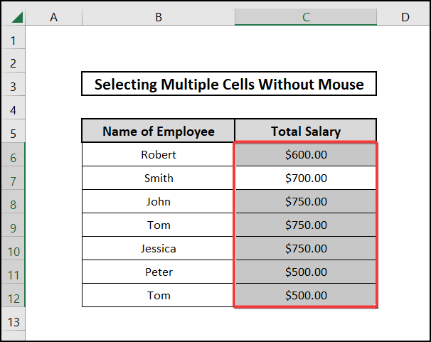 how to select multiple cells in excel without mouse Using VBA and the final result