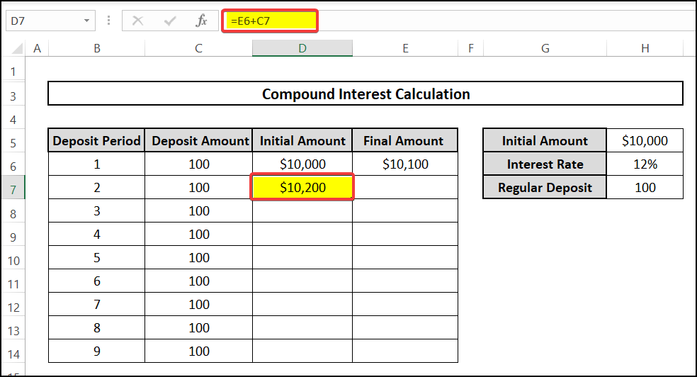 Inserting formula to add deposit with the final amount.