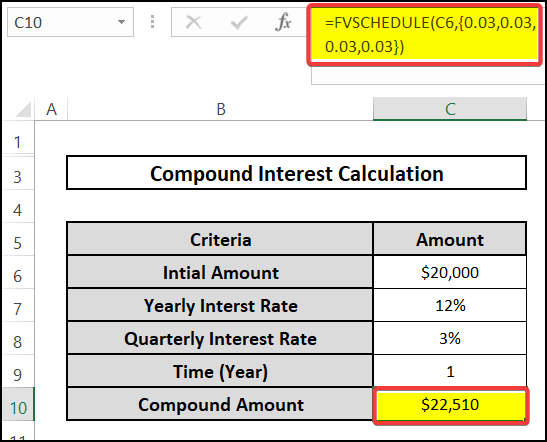 Inserting formula containing FVSCHEDULE function to calculate the quarterly compound interest in Excel