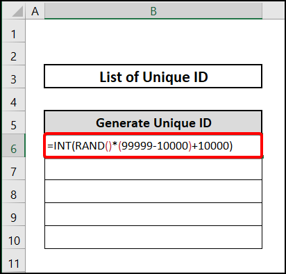 Applying INT &RAND functions to generate random 5-digit numbers in Excel.