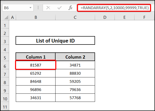 Applying RANDARRAY function to generate random 5-digit numbers in Excel.