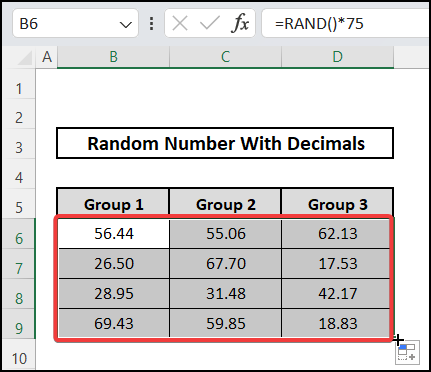 Using RAND function to enter any random number with decimals in excel