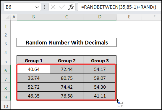 Combining RANDBETWEEN and RAND functions to enter any random number with decimals in excel