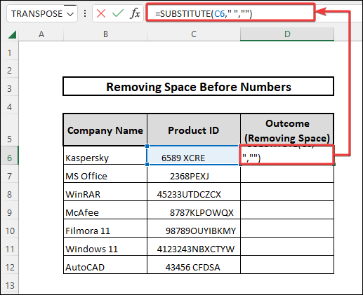 Formula with SUBSTITUTE function to remove spaces before number