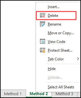 right-click menu to Delete Sheet Using Shortcuts