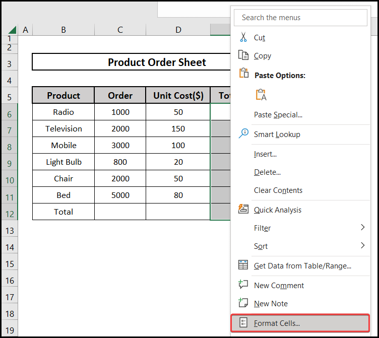 Selecting the Format Cells option.