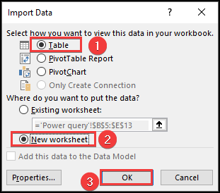 Import the data as a table into a new worksheet.