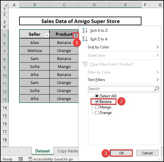 Selecting Banana only from the drop-down box to filter data.