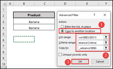 Advanced Filter box to move the filtered data into another location of the Excel worksheet.