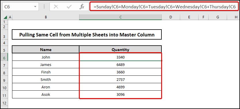 Overview image to pull the same cell from multiple sheets into the master column