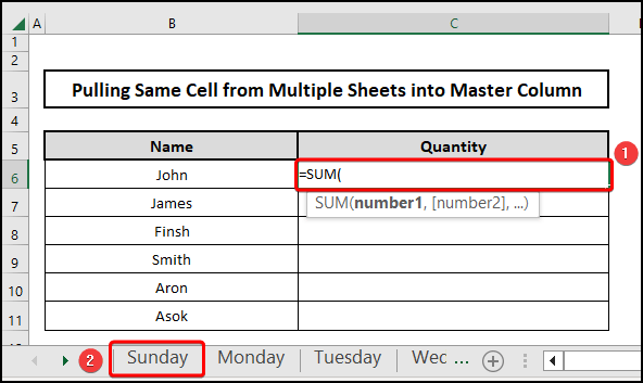 Using the SUM function to pull the same cell from multiple sheets into the master column