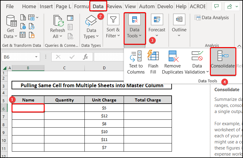 Choosing the consolidate option to  pull the same cell from multiple sheets into the master column
