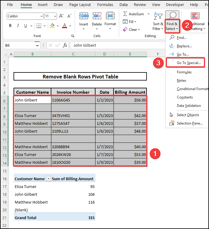 Find Go To Special option in Excel