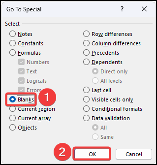 Edit Go To Special dialogue box