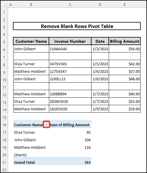 Access filter drop-down for the row values