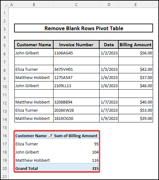 Manually filter to remove blank rows in Excel Pivot table