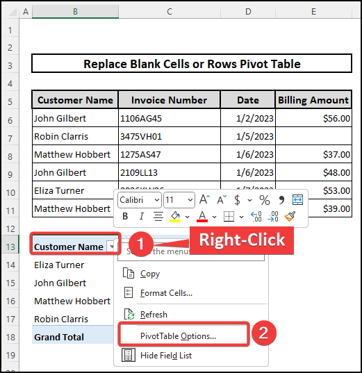 Choose the Pivot Table Option from the context menu