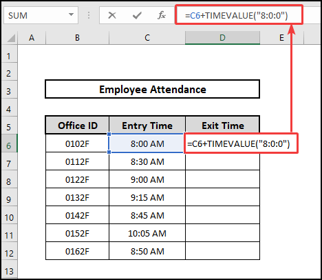 Applying TIMEVALUE Function to add 8 hours to time