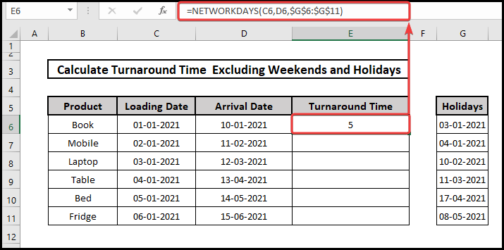 Using the Networkdays function excluding the holidays