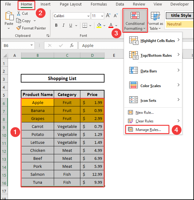 Selecting Manage Rules to Alternate Row Color Based on Group
