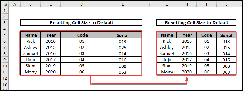 excel reset cell size to default