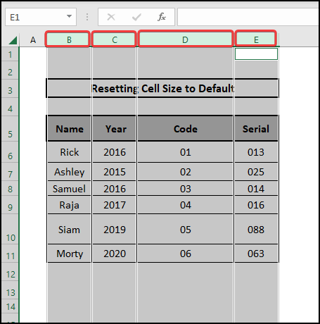 selecting the columns to reset cell size to default