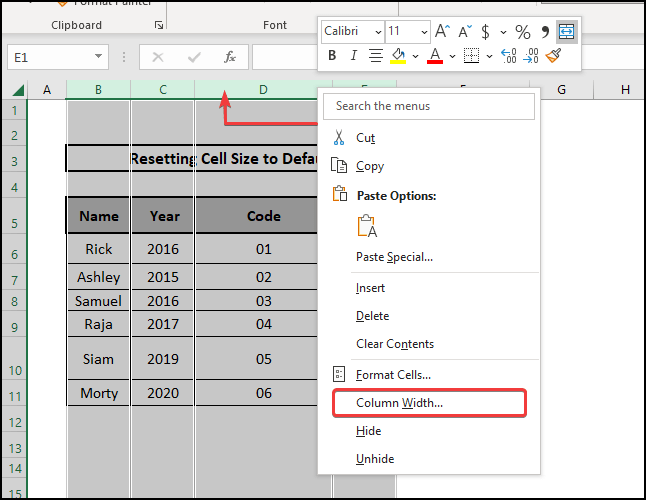 Right clicking to open up context menu from column bar
