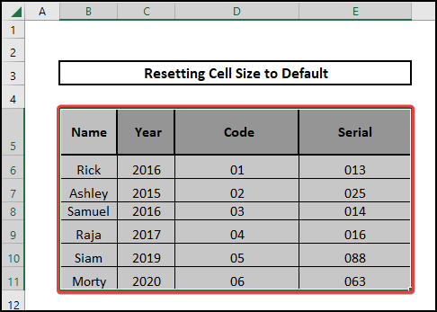 Selecting cells to reset cell size to default