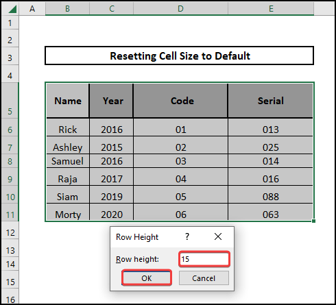 formatting the Row height to default